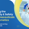 A graphic for Anacon Laboratories, featuring a laboratory scene with two scientists wearing white lab coats, gloves, and face masks. One scientist, a woman, is holding up a test tube containing a red liquid, while the other observes. The background includes laboratory shelves with glassware. The text overlay reads: "Ensuring the Longevity & Safety of Pharmaceuticals and Cosmetics – An In-depth Look at Key Testing Methods." The design incorporates blue and yellow curved elements for a modern look.