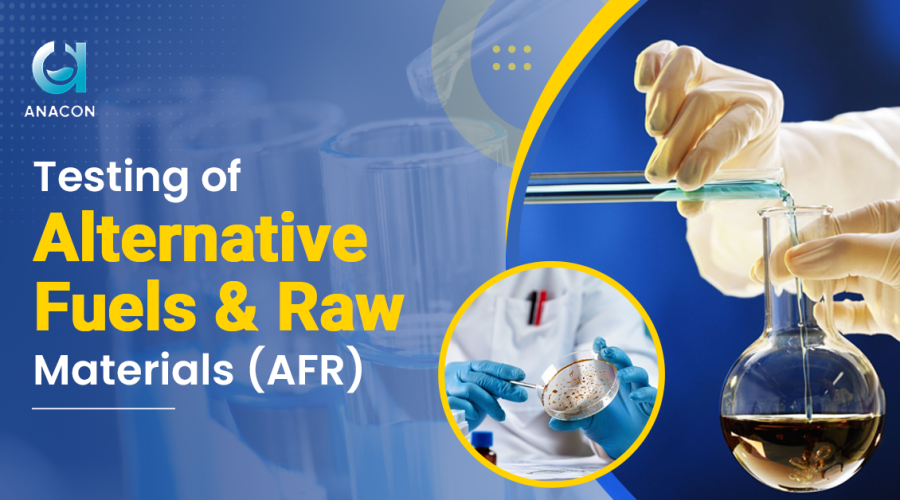 Laboratory testing of Alternative Fuels and Raw Materials (AFR) by scientists in protective gloves, using glassware and petri dish, with Anacon branding.